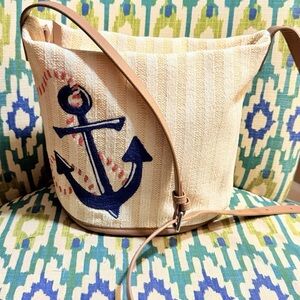 Vera Bradley womens Straw Bucket Crossbody Purse Regatta Anchor Navy
